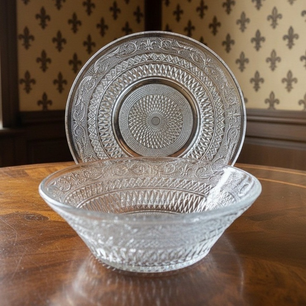 Trellis Collection Glass Serving Bowls, Fleur de Lis Design, Set of 2 Bowls 8.5"